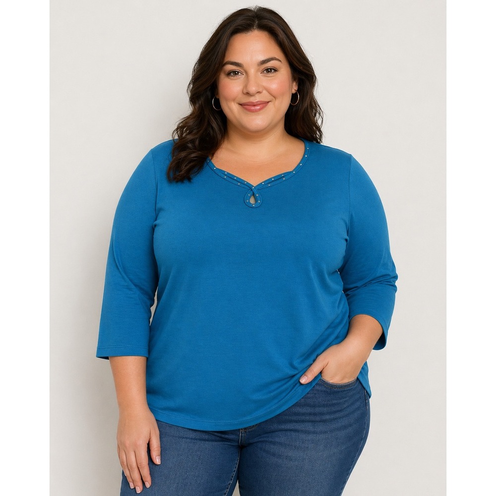 Quacker Factory 3X Teal Blue Rhinestone Keyhole 3/4 Sleeve Knit Top Shirt